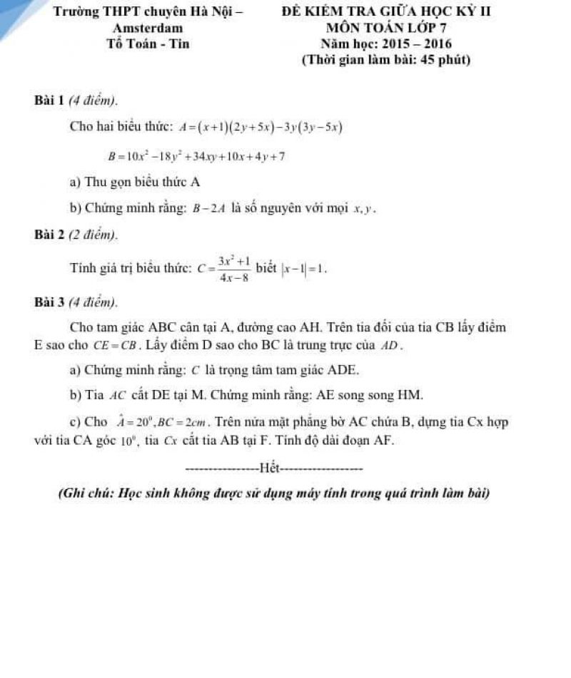 Đề kiểm tra giữa học kì II môn Toán lớp 7 Trường THPT CHUYÊN HÀ NỘI - AMSTERDAM năm 2015