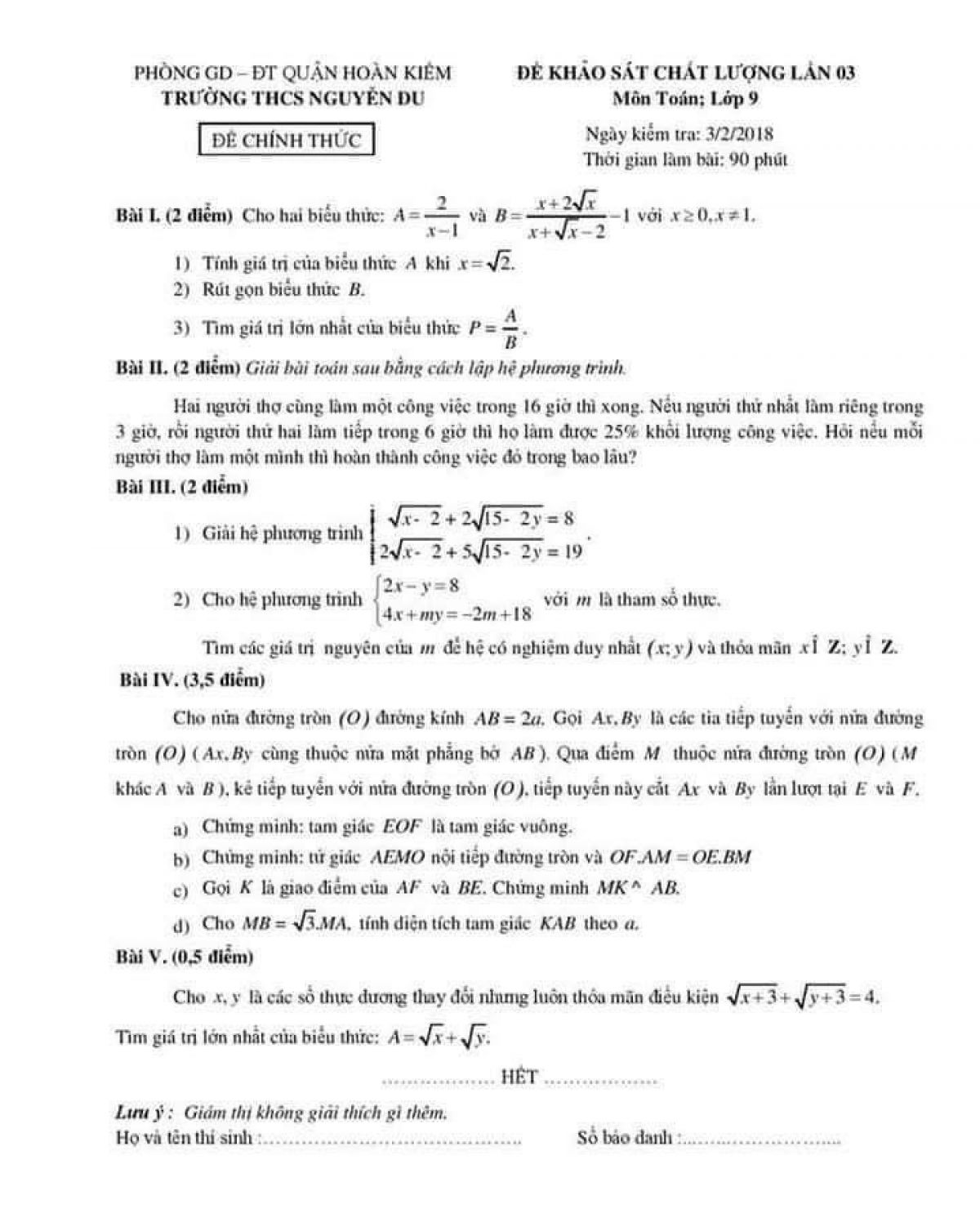 Đề thi khảo sát chất lượng và đáp án môn Toán Trường THCS Nguyễn Du, quận Hoàn Kiếm, Hà Nội - lần 3 năm 2023