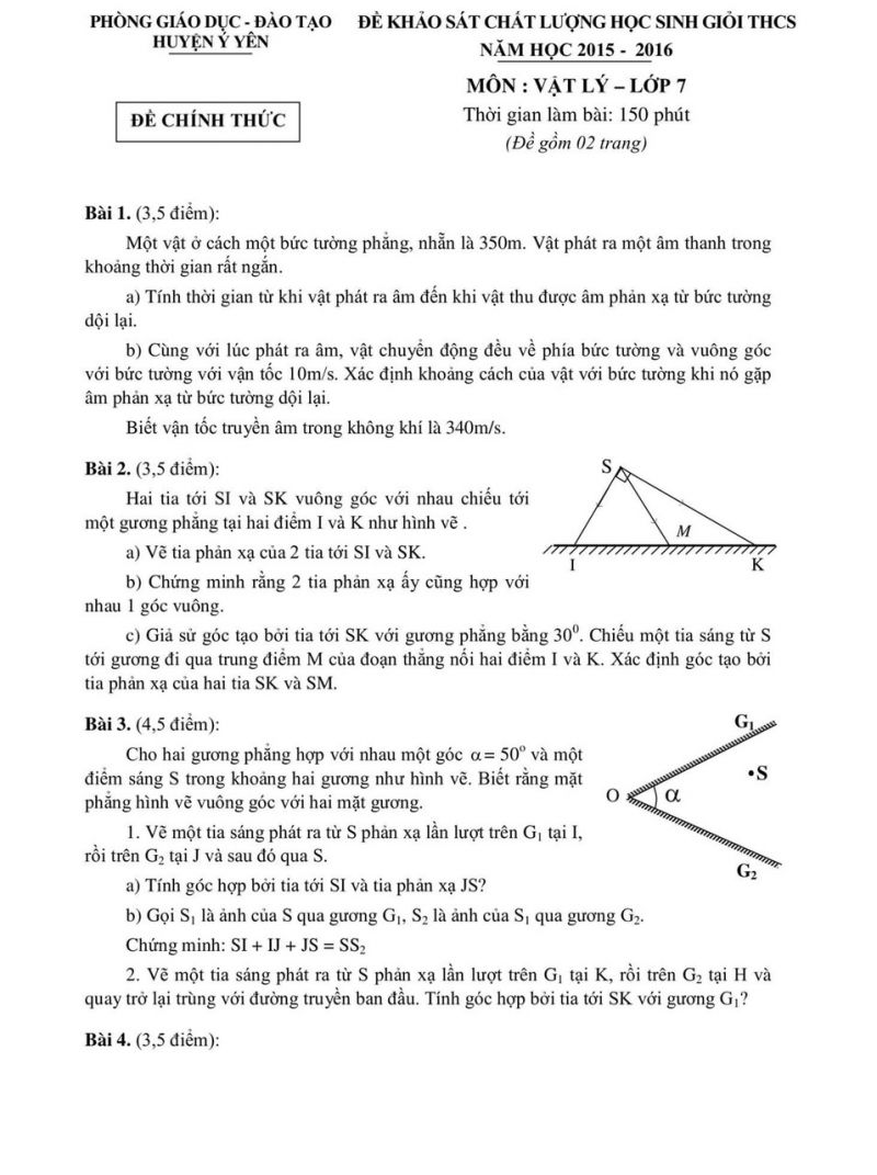 Đề khảo sát chất lượng HSG THCS và đáp án môn Vật Lý 7 huyện Ý Yên, tỉnh Nam Định năm 2015