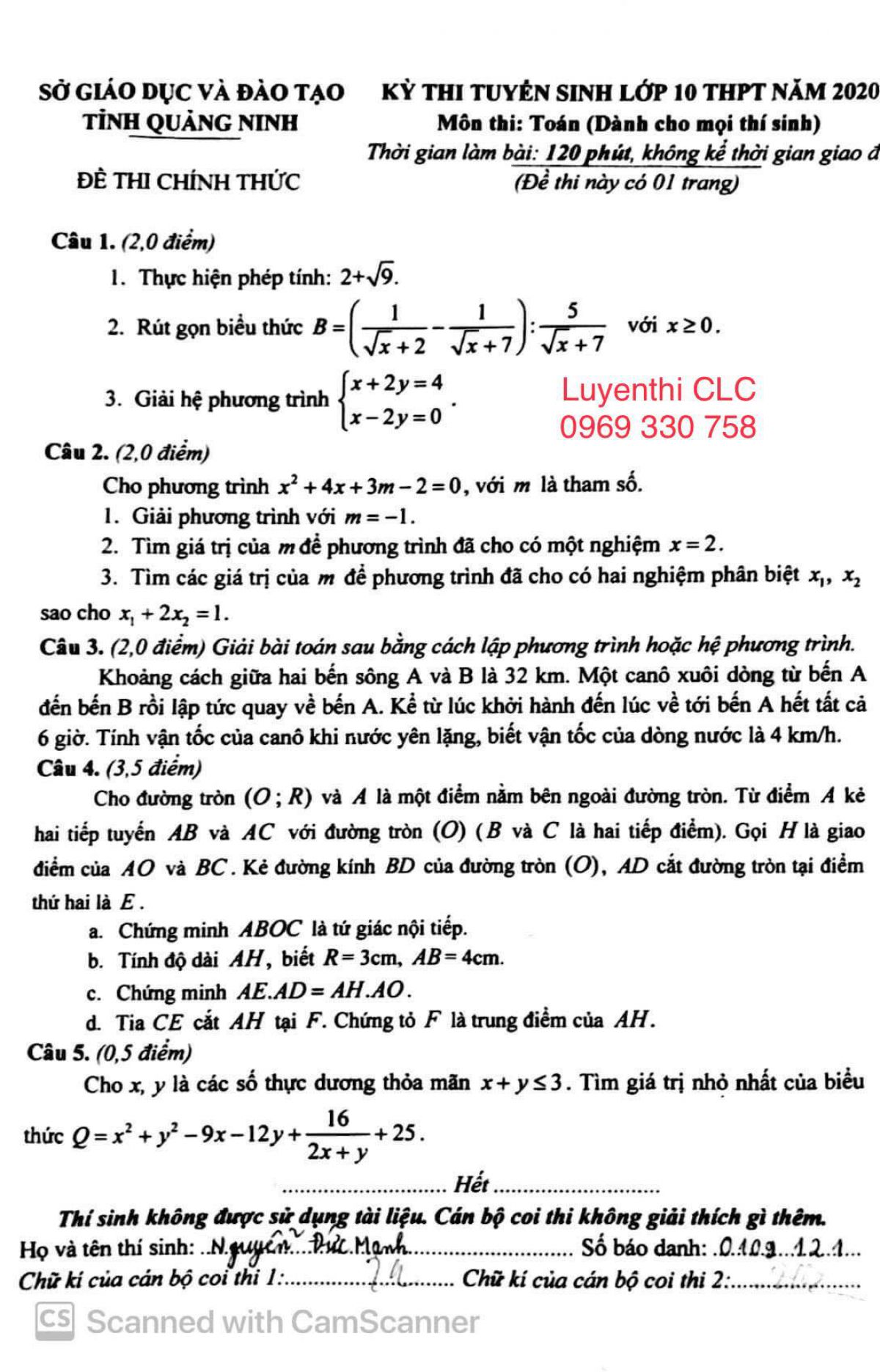 Đề thi m&ocirc;n To&aacute;n - tuyển sinh v&agrave;o lớp 10 THPT tỉnh Quảng Ninh năm 2020