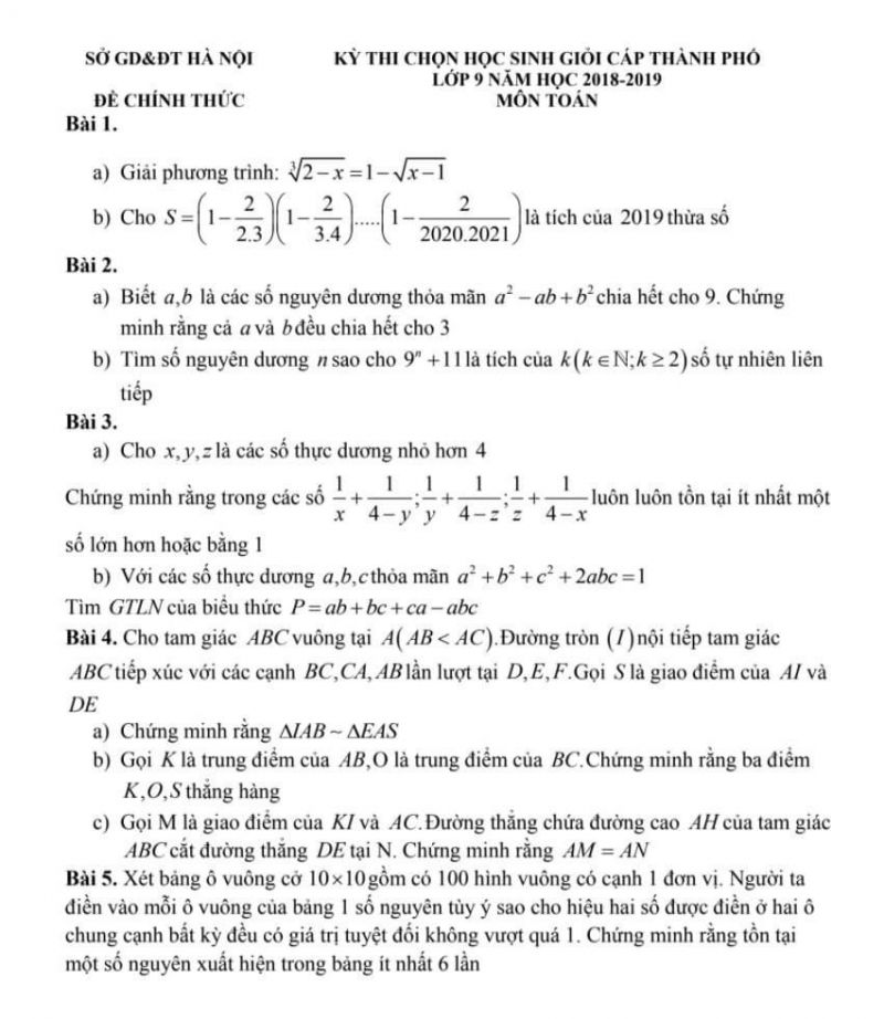 Đề thi chọn HSG môn Toán lớp 9 tại Hà Nội năm 2019