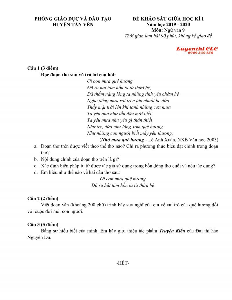 Đề khảo sát giữa học kì I môn Ngữ Văn lớp 9 huyện Tân Yên tỉnh Bắc Giang năm 2019