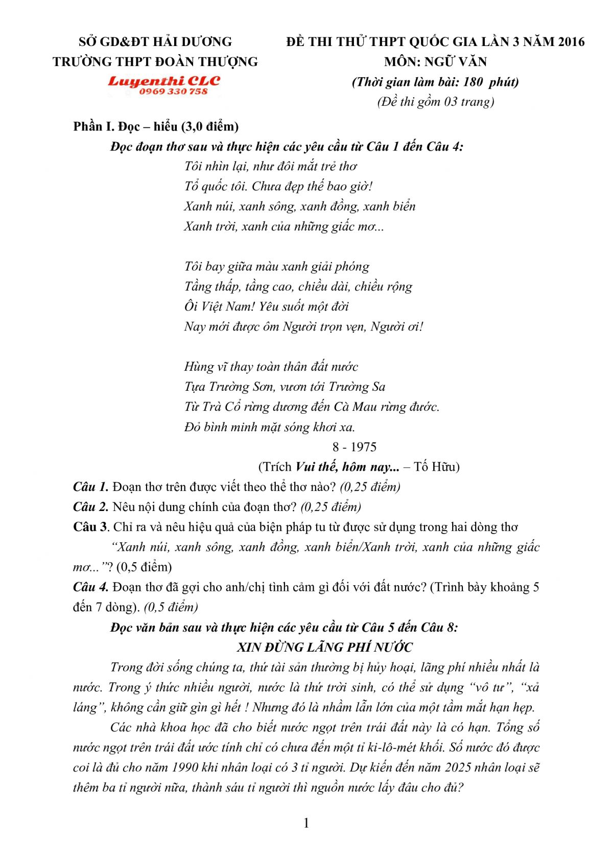 Đề thi thử THPT Quốc Gia lần 3 m&ocirc;n Ngữ Văn Trường THPT Đo&agrave;n Thượng tỉnh Hải Dương năm 2016
