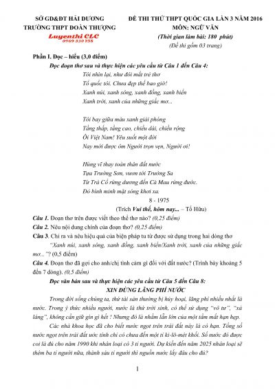 Đề thi thử THPT Quốc Gia lần 3 môn Ngữ Văn Trường THPT Đoàn Thượng tỉnh Hải Dương năm 2016