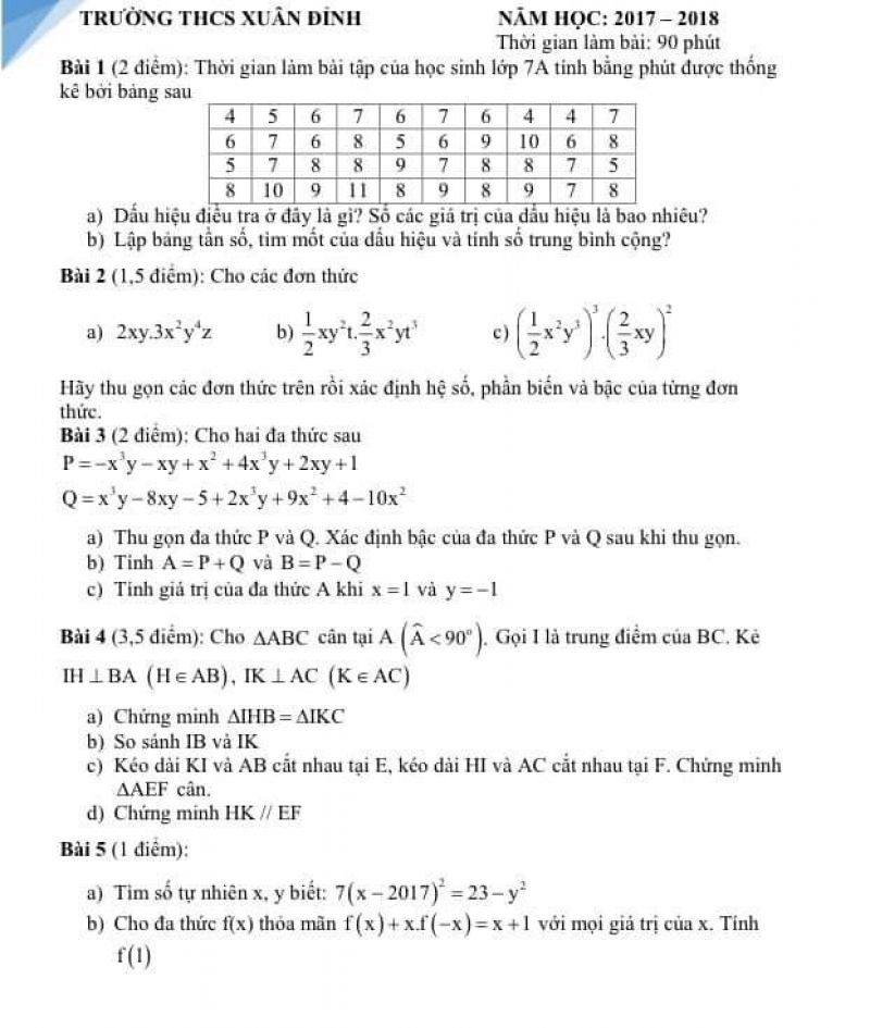 Đề kiểm tra giữa học k&igrave; II m&ocirc;n To&aacute;n lớp 7 Trường THCS Xu&acirc;n Đỉnh, H&agrave; Nội năm 2017