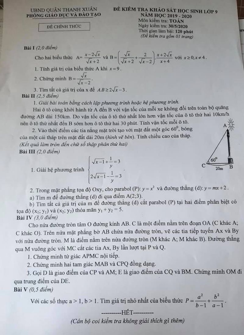 Đề kiểm tra khảo s&aacute;t học sinh lớp 9 m&ocirc;n To&aacute;n quận Thanh Xu&acirc;n năm 2020