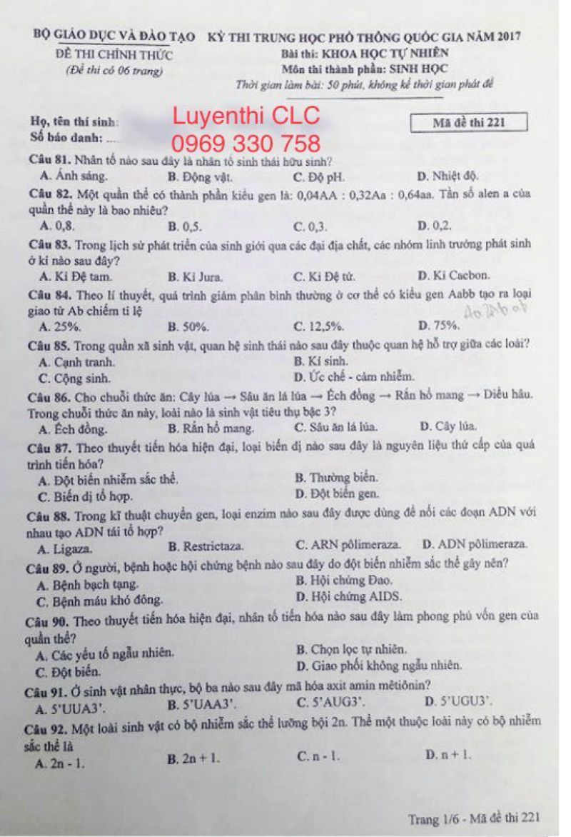 Đề thi m&ocirc;n Sinh - THPT Quốc gia năm 2017