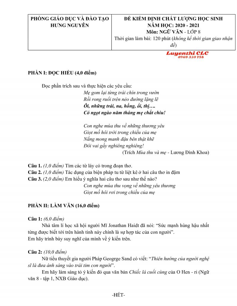 Đề kiểm định chất lượng học sinh m&ocirc;n Ngữ Văn lớp 8 huyện Hưng Nguy&ecirc;n tỉnh Nghệ An năm 2020
