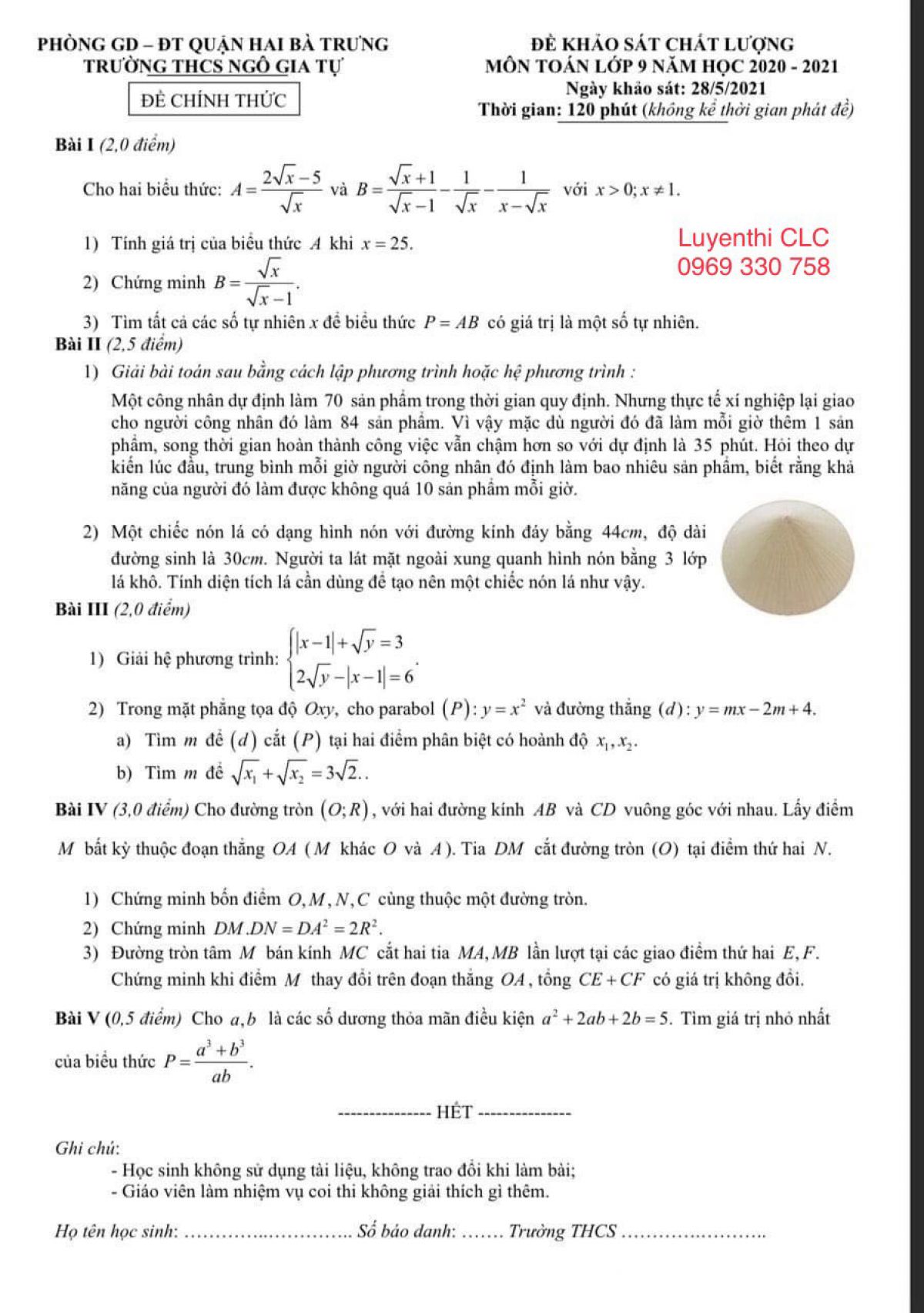 Đề khảo s&aacute;t chất lượng m&ocirc;n To&aacute;n lớp 9 Trường THCS Ng&ocirc; Gia Tự, quận Hai B&agrave; Trưng, H&agrave; Nội năm 2021