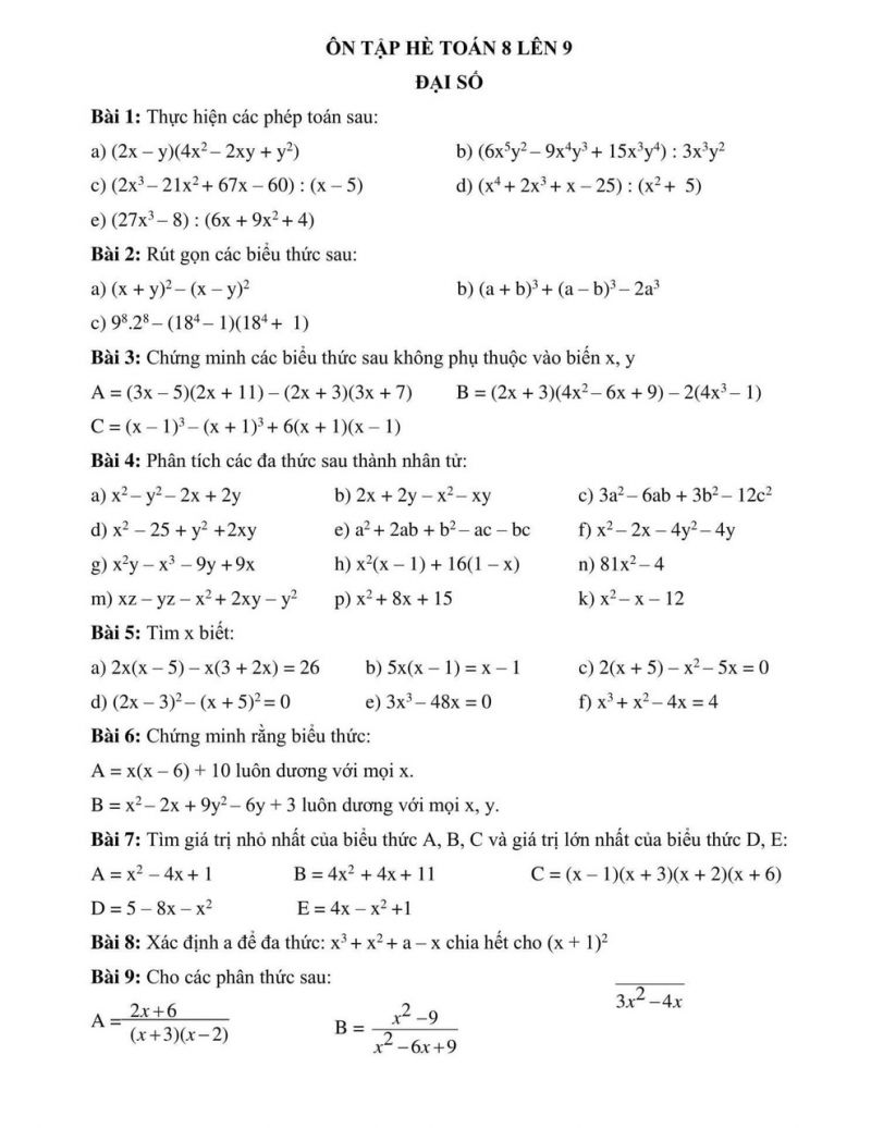 Một số b&agrave;i tập &ocirc;n tập h&egrave; To&aacute;n 8 l&ecirc;n 9