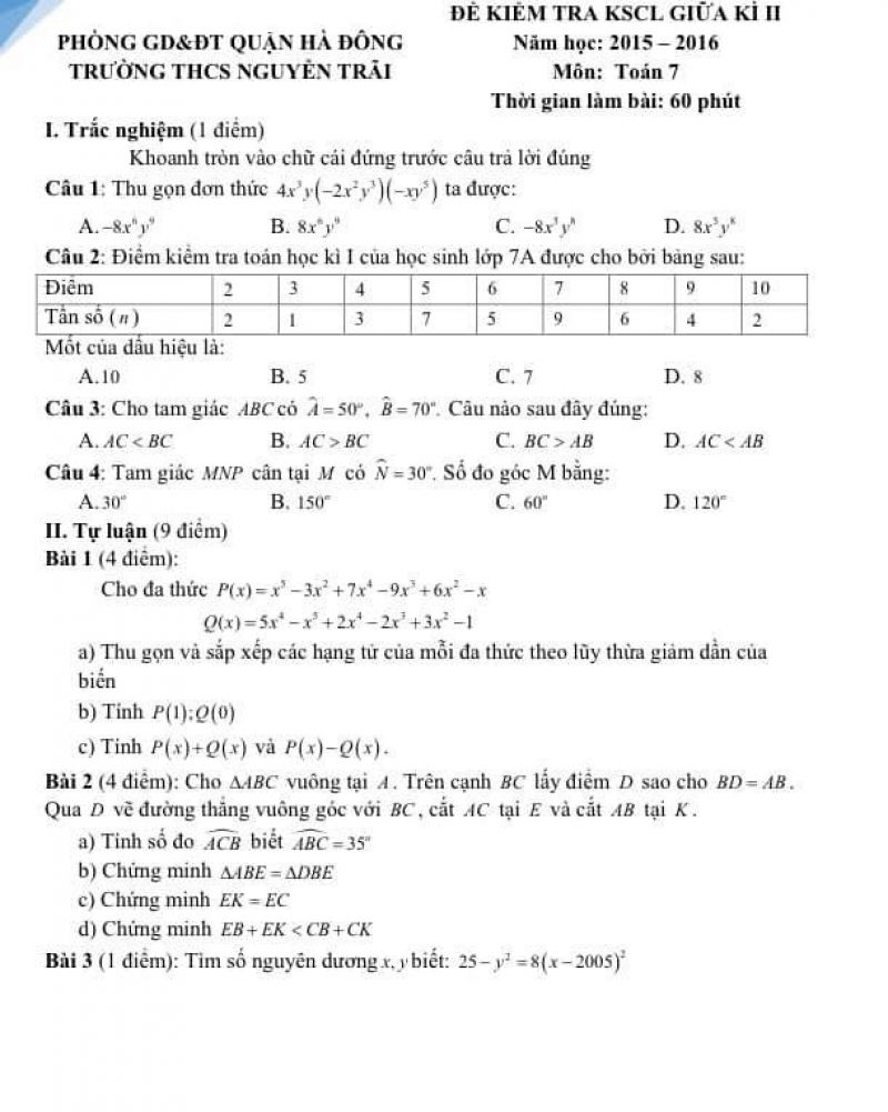 Đề kiểm tra giữa kì II môn Toán lớp 7 Trường THCS Nguyễn Trãi, quận Hà Đông năm 2015