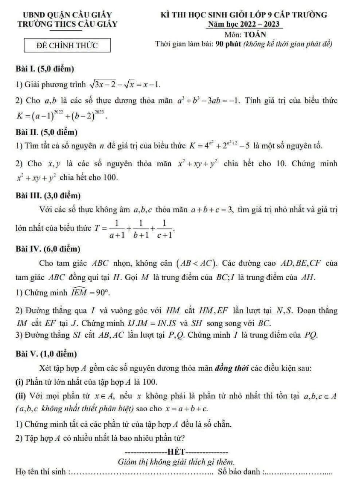 Đề thi chọn HSG môn Toán lớp 9 Trường THCS Cầu Giấy, quận Cầu Giấy, Hà Nội năm 2022