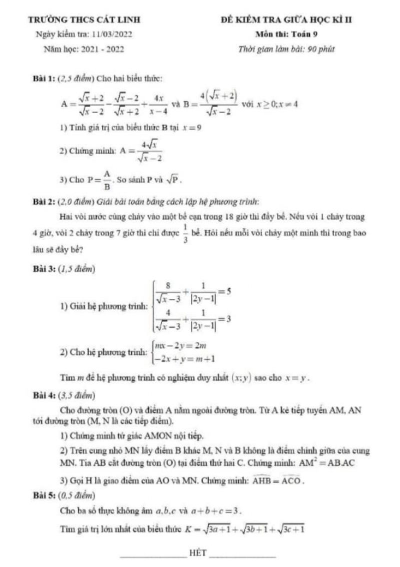 Đề kiểm tra giữa học kỳ II môn Toán lớp 9 Trường THCS Cát Linh năm 2022