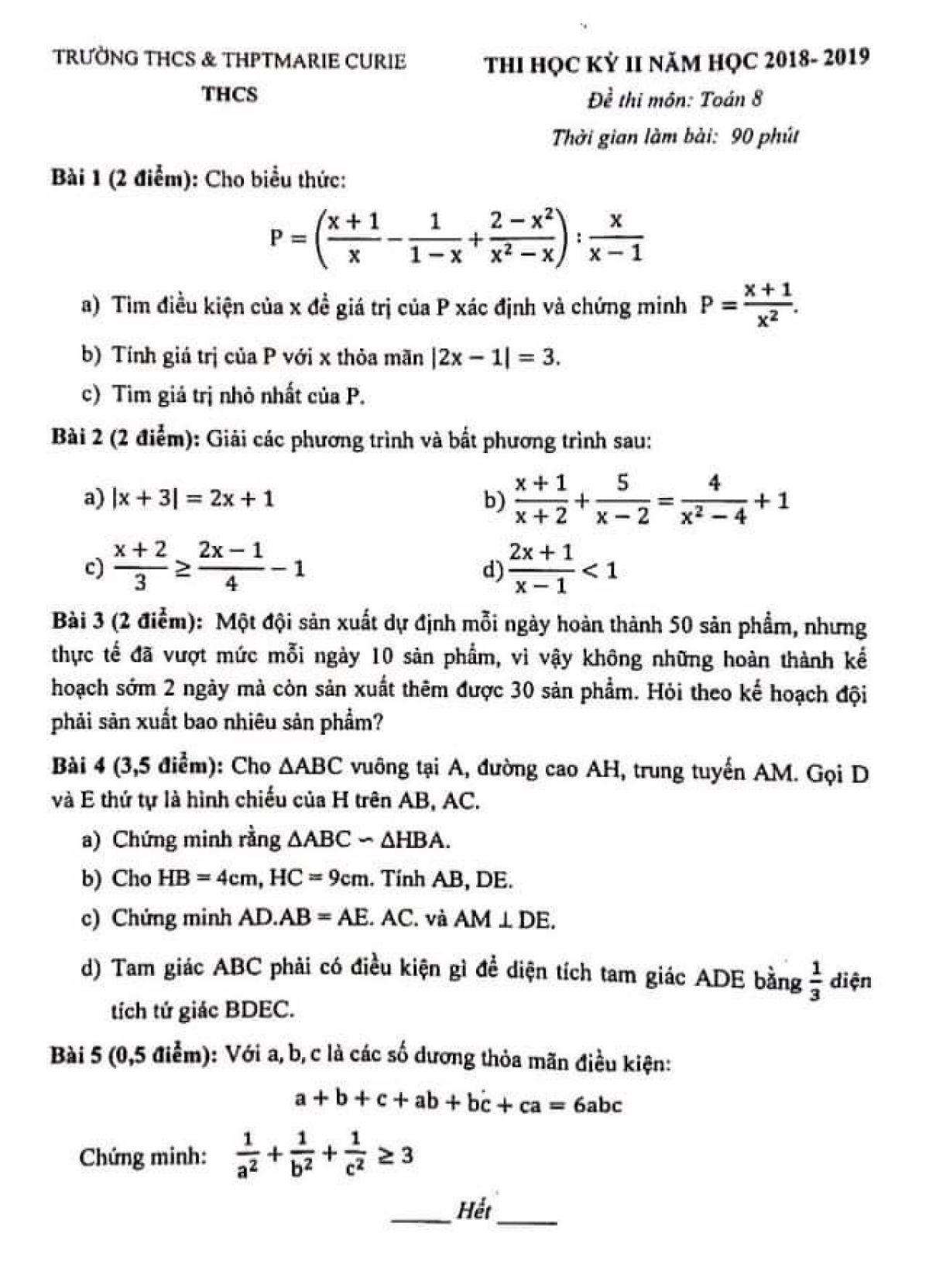 Đề thi học k&igrave; II m&ocirc;n To&aacute;n lớp 8 Trường THCS &amp; THPT MARIE CURIE, H&agrave; Nội năm 2018