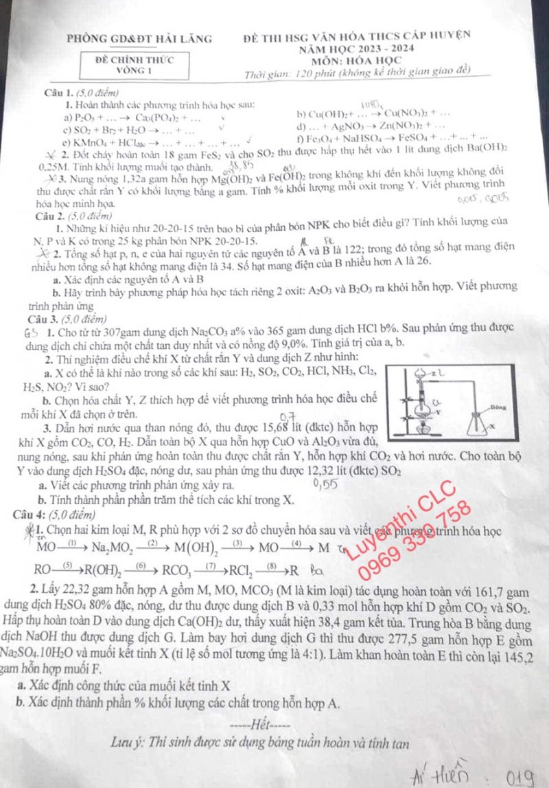 Đề thi HSG môn Hóa Học huyện Hải Lăng tỉnh Quảng Trị năm 2023