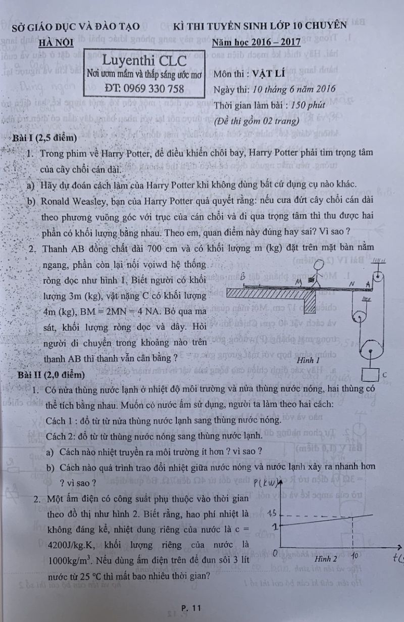 Đề thi tuyển sinh vào lớp 10 THPT CHUYÊN môn Vật Lí tại Hà Nội năm 2016