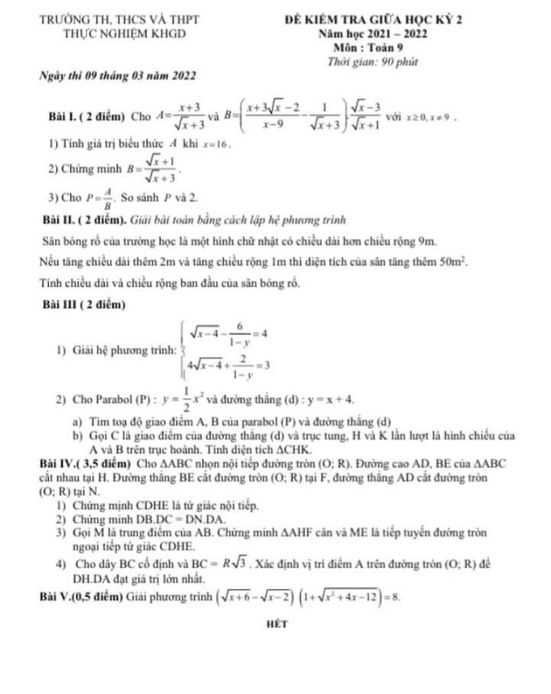 Đề kiểm tra giữa học kỳ II và đáp án môn Toán lớp 9 Trường TH, THCS &amp; THPT Thực nghiệm KHGD năm 2022