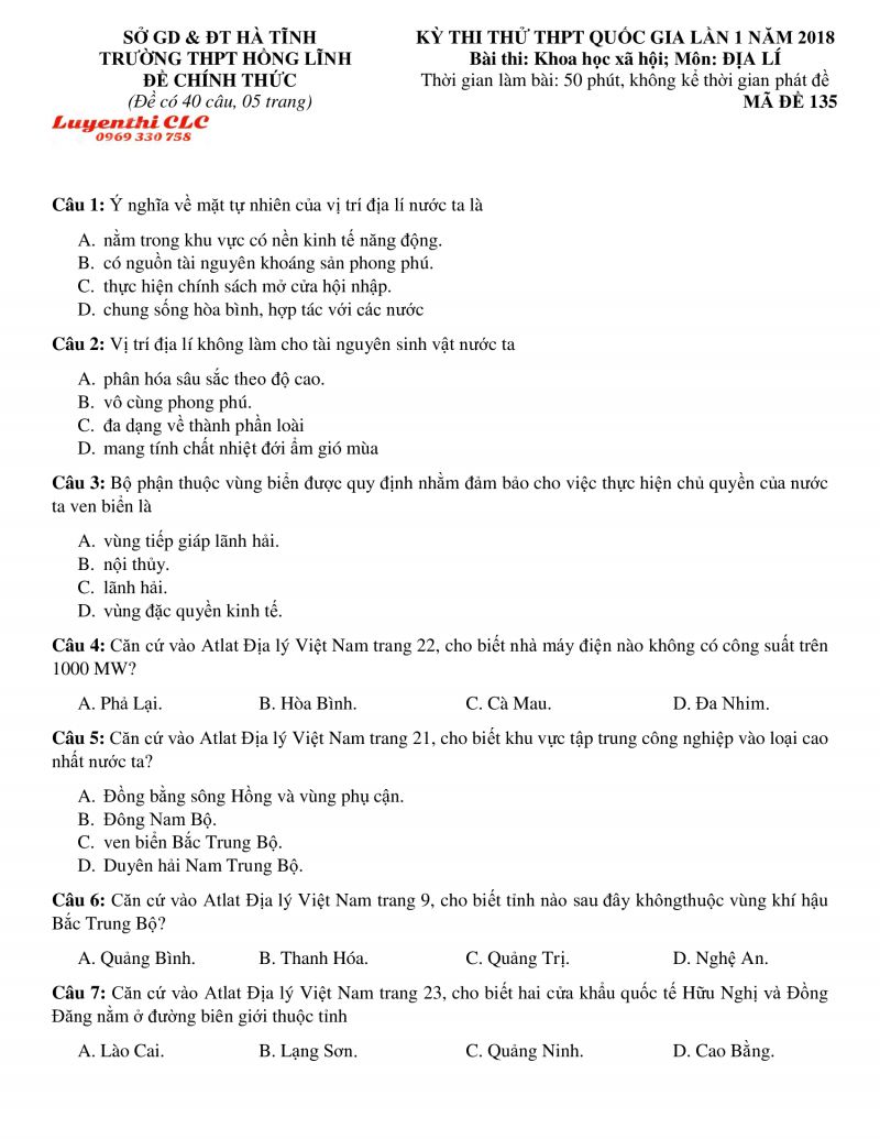 Đề thi thử THPT Quốc Gia lần 1 môn Địa Lí Trường THPT Hồng Lĩnh, tỉnh Hà Tĩnh năm 2018