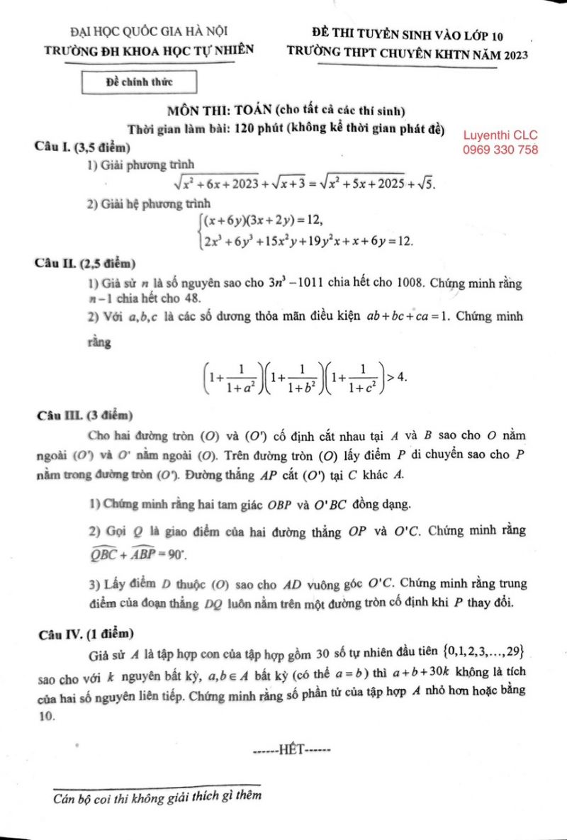 Đề thi tuyển sinh vào lớp 10 môn Toán Trường THPT CHUYÊN KHTN Hà Nội năm 2023