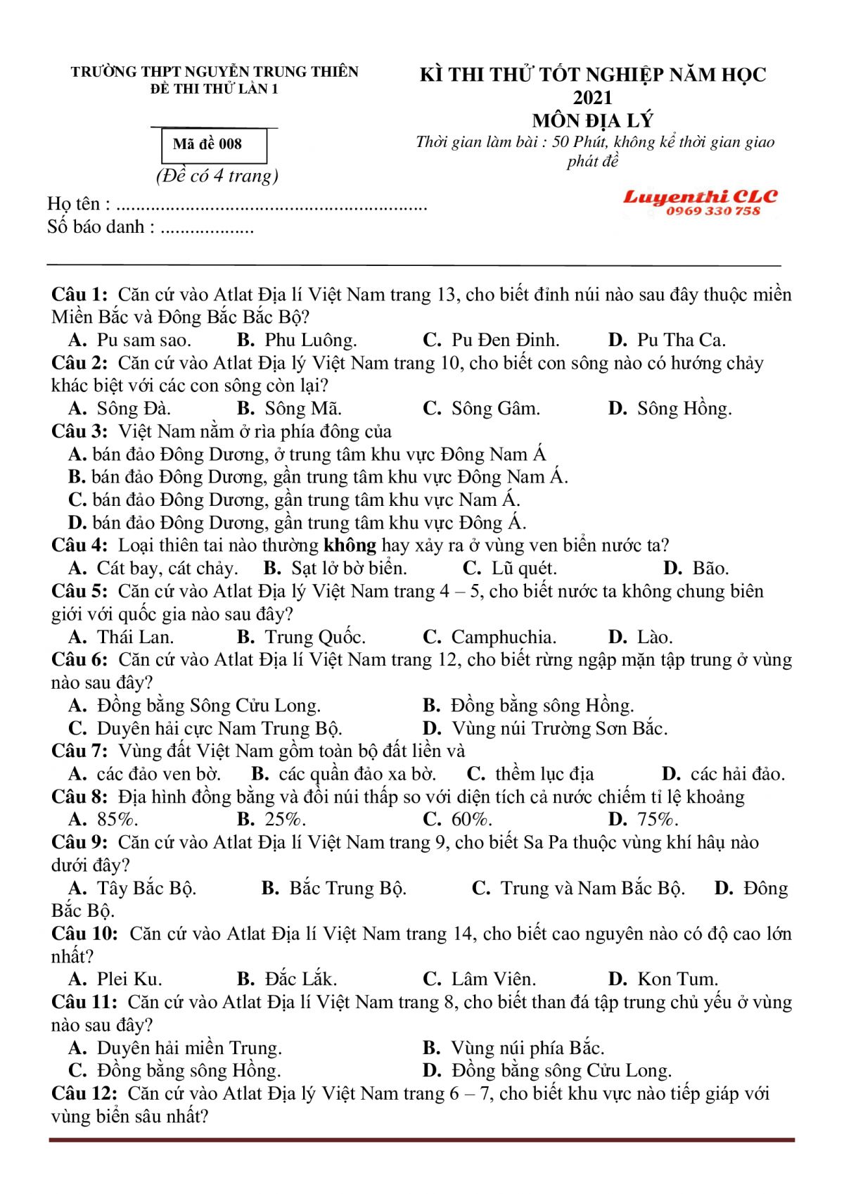 Đề thi thử tốt nghiệp THPT và đáp án môn Địa Lý - lần 1 Trường THPT Nguyễn Trung Thiên năm 2021