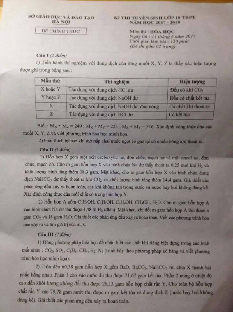 Đề thi tuyển sinh v&agrave;o lớp 10 THPT m&ocirc;n H&oacute;a Học tại H&agrave; Nội năm 2017