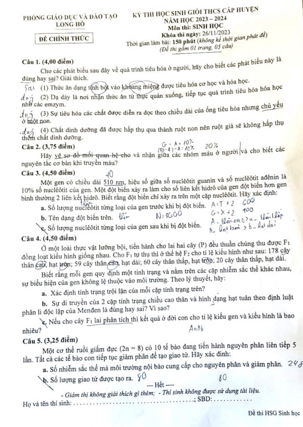Đề thi chọn HSG m&ocirc;n Sinh học huyện Long Hồ tỉnh Vĩnh Long năm 2023