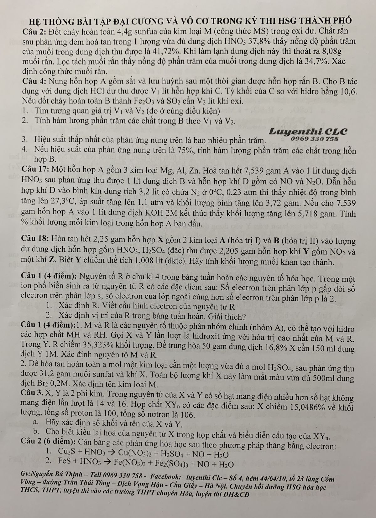 Chuyên đề: Đại cương, vô cơ - ôn thi HSG thành phố (lớp 11 THPT)