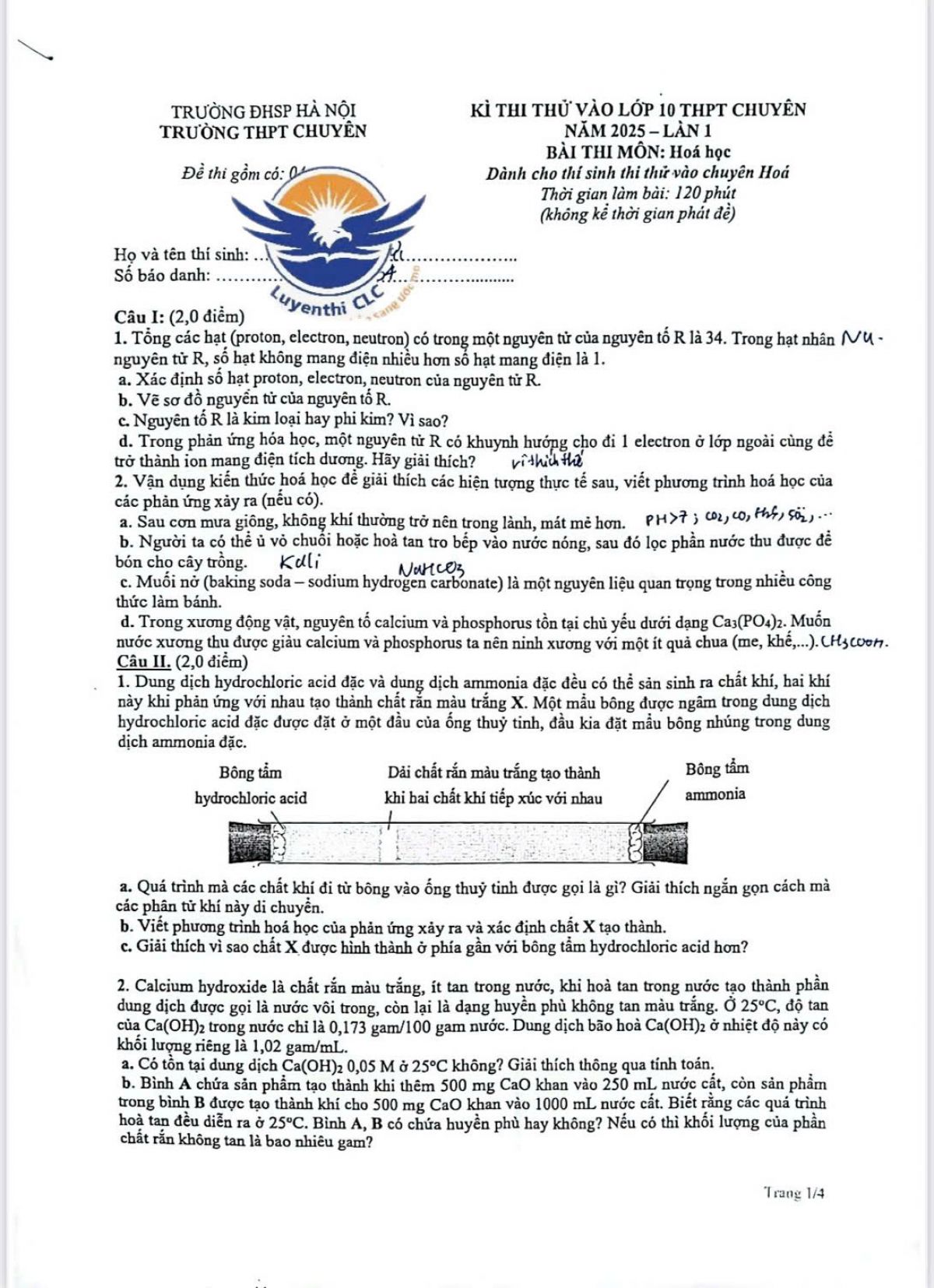 Đề thi thử vào 10 - THPT chuyên Sư phạm môn Hóa năm 2025- lần 1