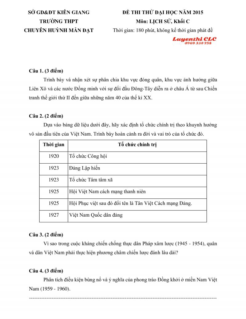 Đề thi thử đại học m&ocirc;n Lịch Sử tỉnh Ki&ecirc;n Giang năm 2015