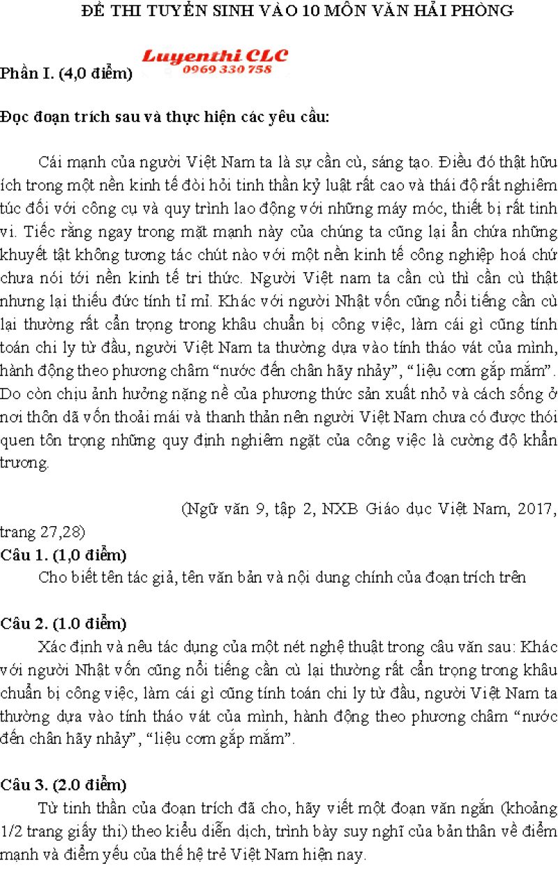 Đề thi tuyển sinh vào lớp 10 môn Ngữ Văn tại Hải Phòng 2019