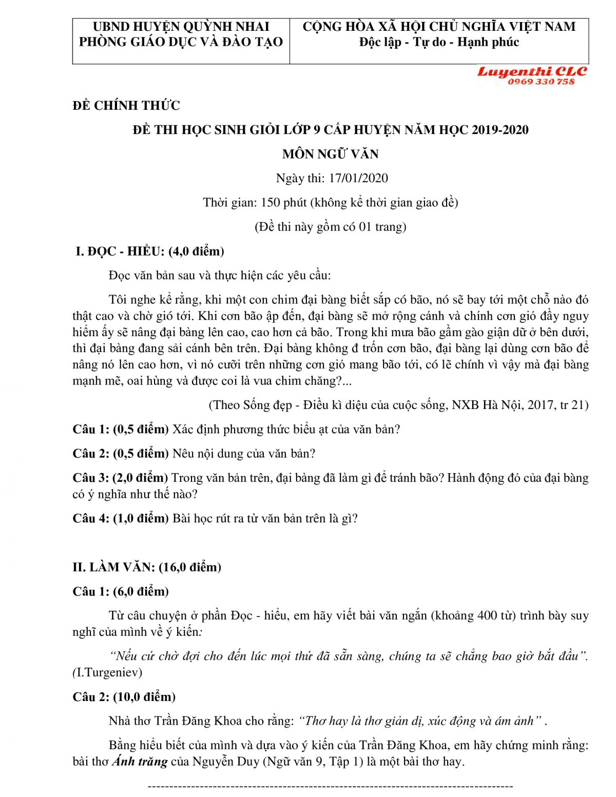 Đề thi chọn HSG m&ocirc;n Ngữ Văn lớp 9 huyện Quỳnh Nhai, tỉnh Sơn La năm 2020