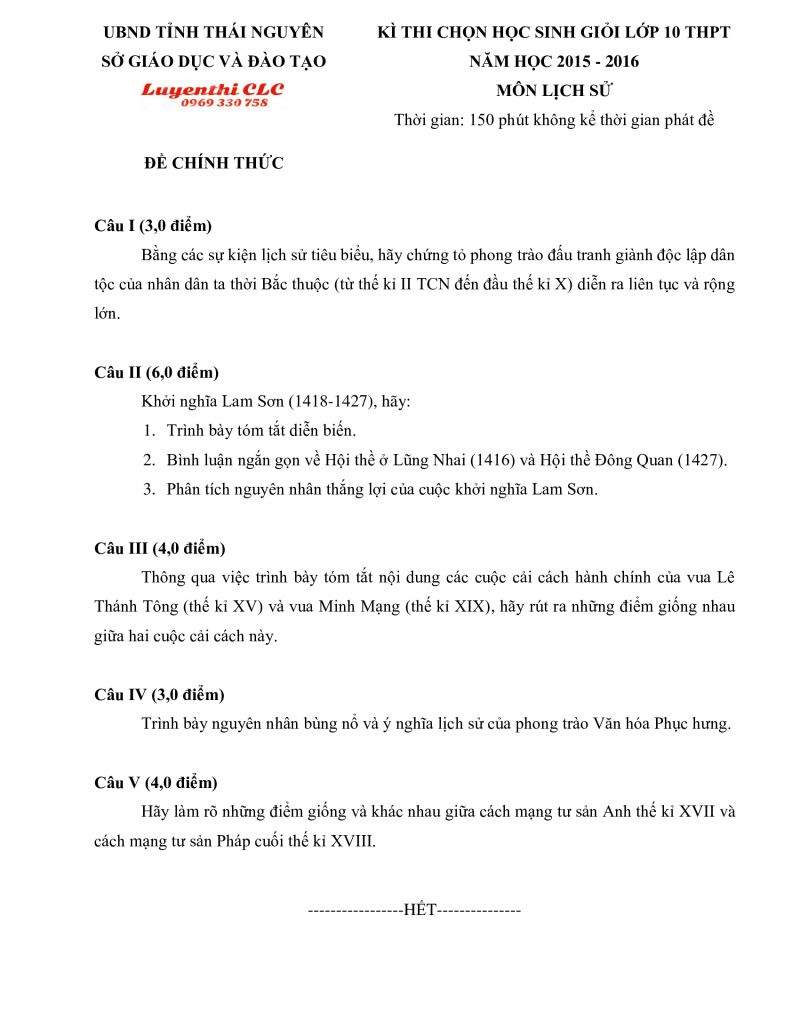 Đề thi chọn HSG lớp 10 THPT môn Lịch Sử tỉnh Thái Nguyên năm 2015