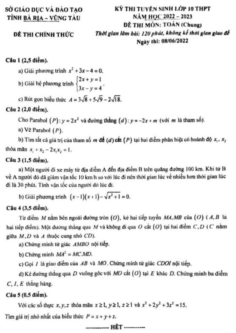 Đề thi tuyển sin vào lớp 10 THPT môn Toán tỉnh Bà Rịa Vũng Tàu năm 2022