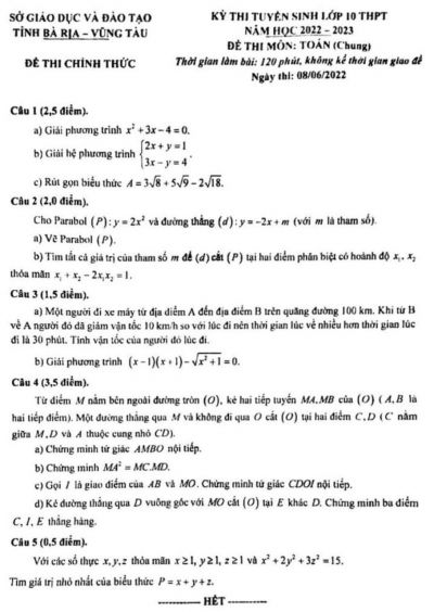 Đề thi tuyển sin vào lớp 10 THPT môn Toán tỉnh Bà Rịa Vũng Tàu năm 2022