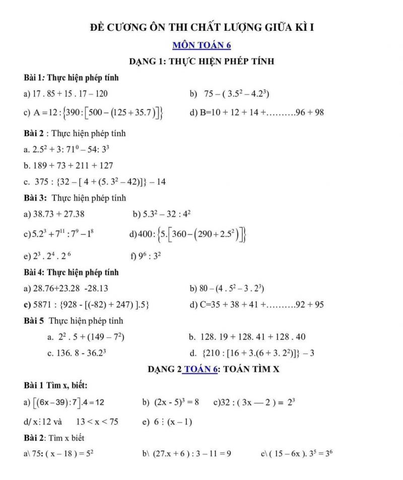 Đề cương &ocirc;n thi chất lượng giữa k&igrave; I m&ocirc;nTo&aacute;n lớp 6