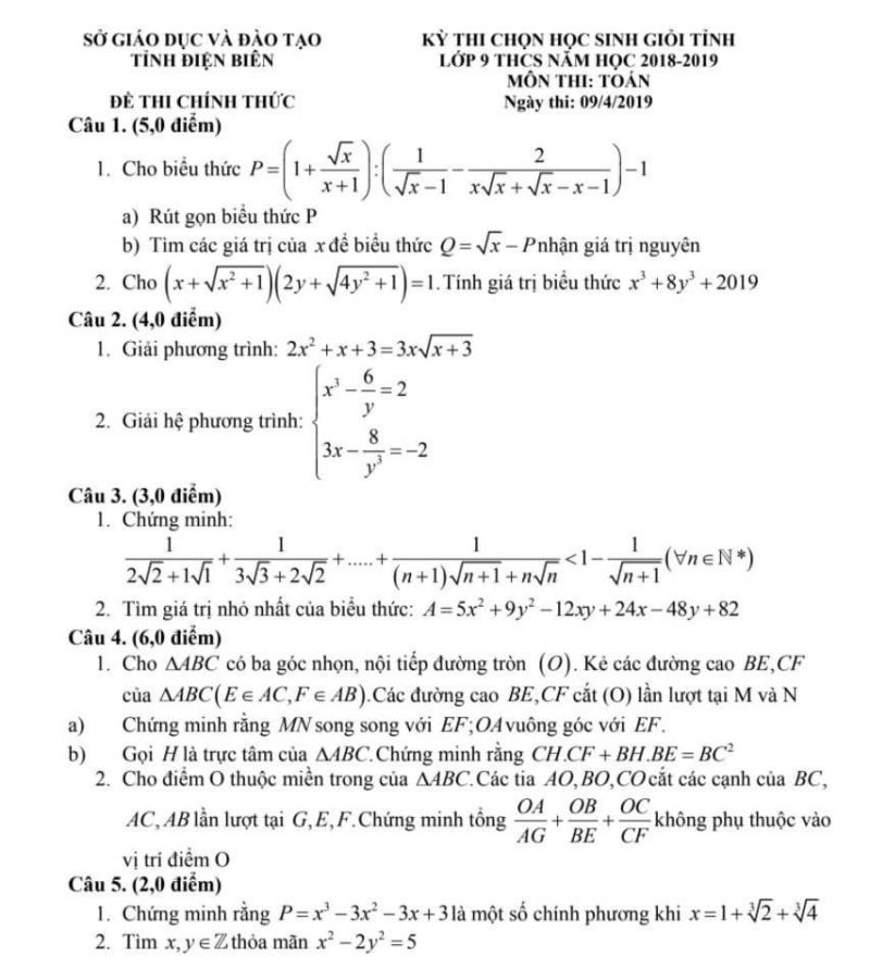 Đề thi chọn HSG môn Toán lớp 9 tỉnh Điện Biên năm 2019