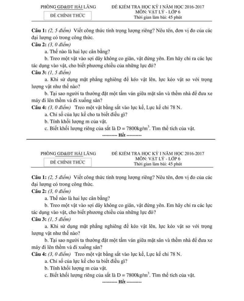 Đề kiểm tra chất lượng học kì I và đáp án môn Vật lý 6 huyện Hải Lăng, Quảng Trị năm 2016