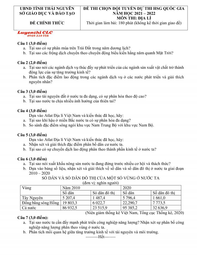 Đề thi chọn đội tuyển dự thi HSG Quốc Gia môn Địa Lí tỉnh Thái Nguyên năm 2021