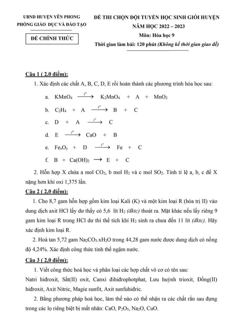 Đề thi chọn đội tuyển HSG môn Hóa Học lớp 9 huyện Yên Phong tỉnh Bắc Ninh năm 2022