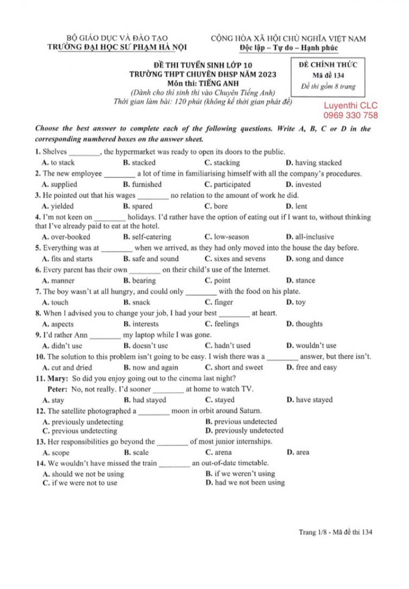Đề thi tuyển sinh vào lớp 10 và đáp án môn Tiếng Anh Trường THPT CHUYÊN Đại học Sư phạm Hà Nội năm 2023