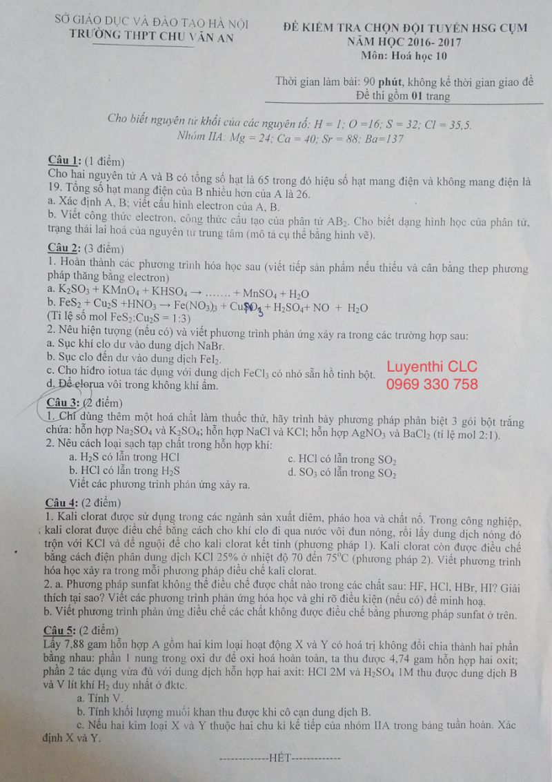 Đề kiểm tra chọn đội tuyển HSG m&ocirc;n H&oacute;a Học lớp 10 Trường THPT Chu Văn An, H&agrave; Nội năm 2017