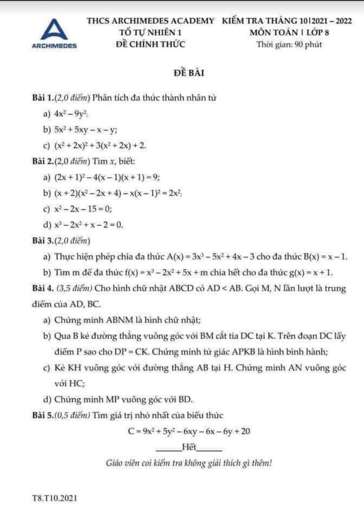 Đề kiểm tra tháng 10 môn Toán lớp 8 tại Archimedes School năm 2022