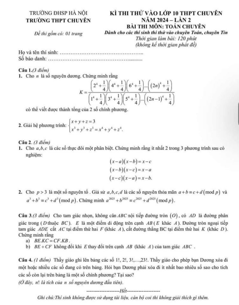 Đề thi thử môn Toán Chuyên vào lớp 10 THPT chuyên- ĐHSP Hà Nội năm 2024