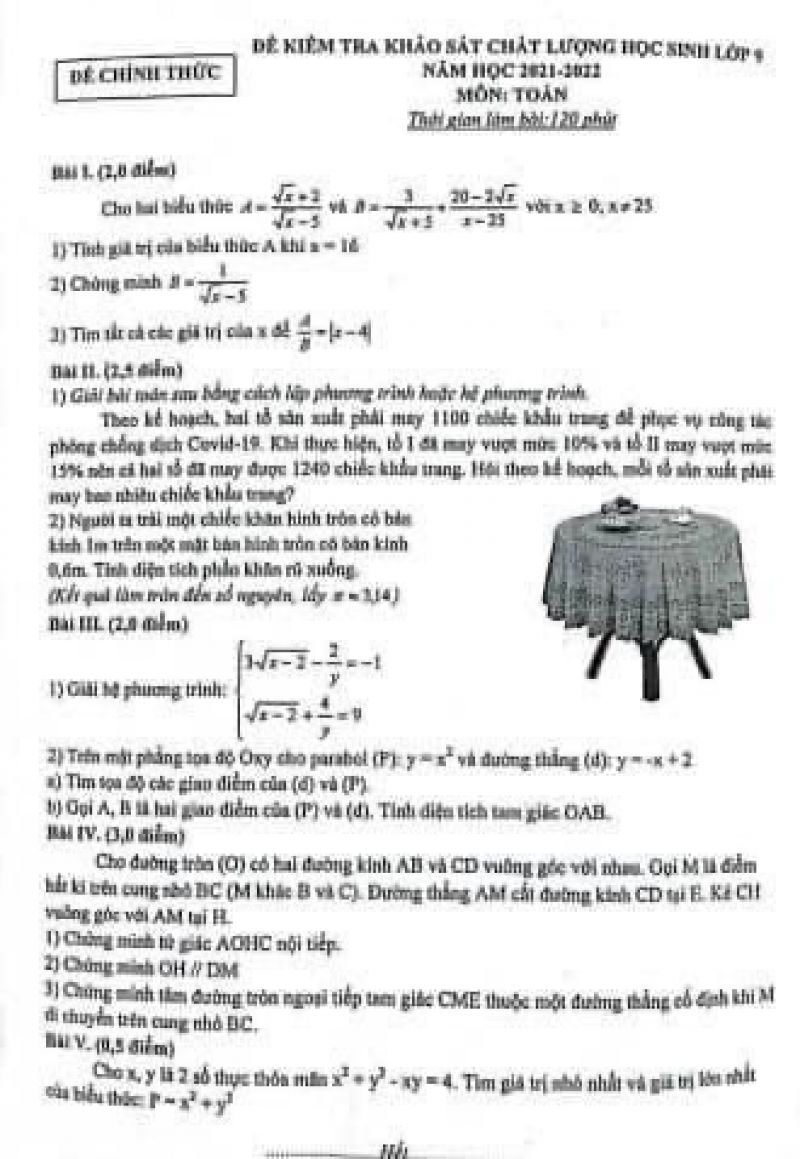 Đề kiểm tra khảo sát chất lượng học sinh môn Toán lớp 9 năm 2022