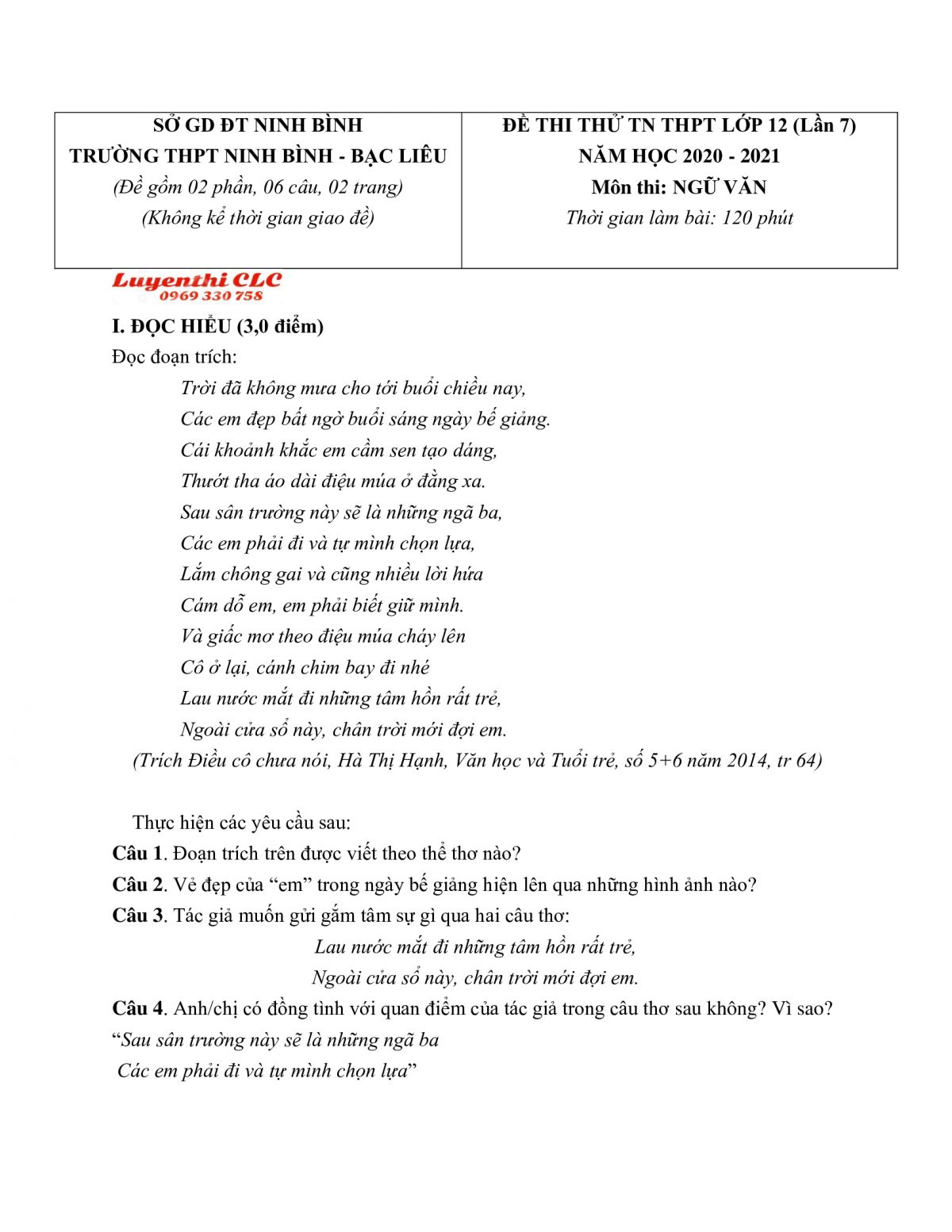 Đề thi thử tốt nghiệp THPT môn Ngữ Văn lớp 12 lần thứ 7 tỉnh Ninh Bình năm 2021