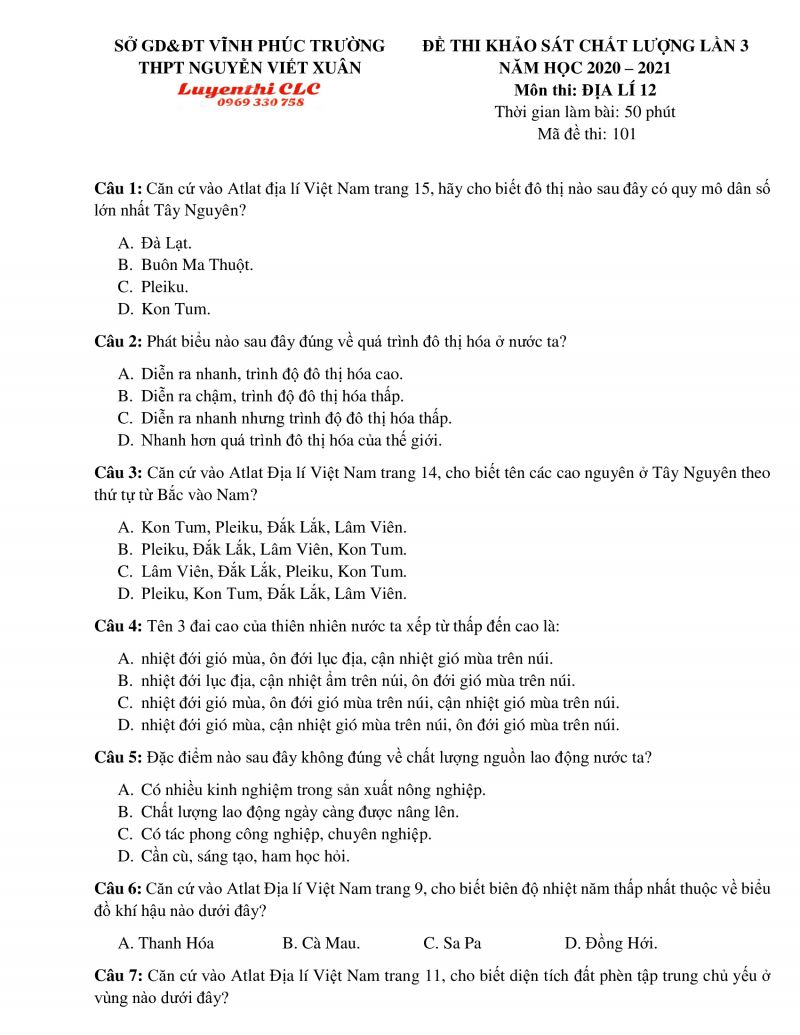 Đề thi khảo sát chất lượng lần 3 môn Địa Lý lớp 12 Trường THPT Nguyễn Viết Xuân tỉnh Vĩnh Phúc năm 2020
