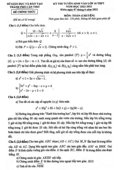 Đề thi tuyển sinh vào lớp 10 THPT môn Toán tại Cần Thơ năm 2022