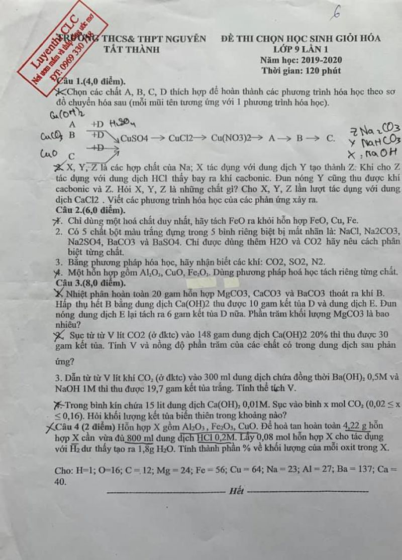 Đề thi chọn đội tuyển HSG lần 1 môn Hoá học lớp 9 - trường THCS Nguyễn Tất Thành năm 2019 - 2020