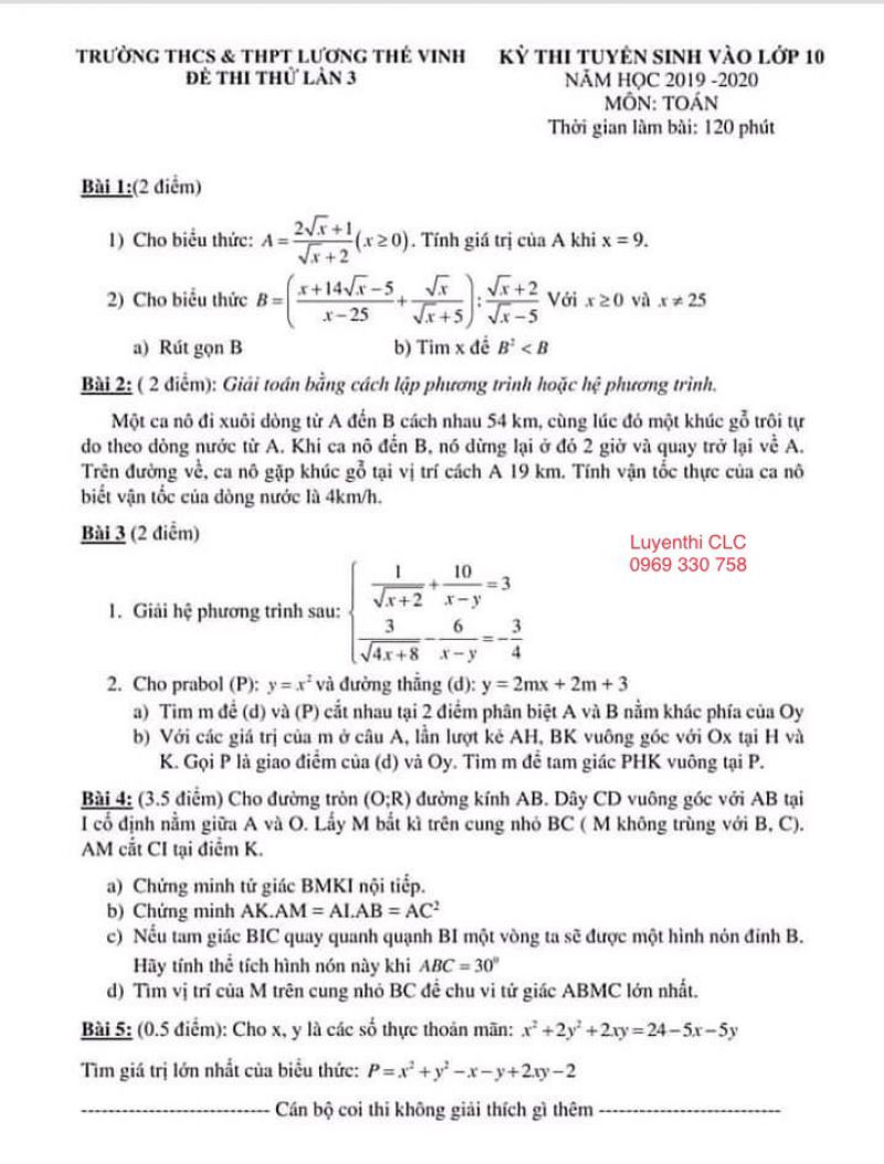 Đề thi tuyển sinh vào lớp 10 môn Toán Trường THCS &amp; THPT Lương Thế Vinh lần 3 năm 2019