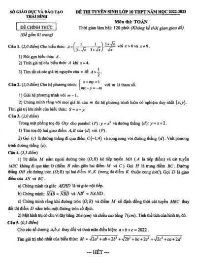 Đề thi tuyển sinh vào lớp 10 THPT môn Toán tỉnh Thái Bình năm 2022